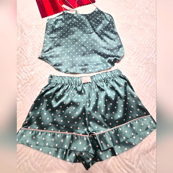 VICTORIA SECRET Satin Cami & Short. Polkadot Teal. Size S